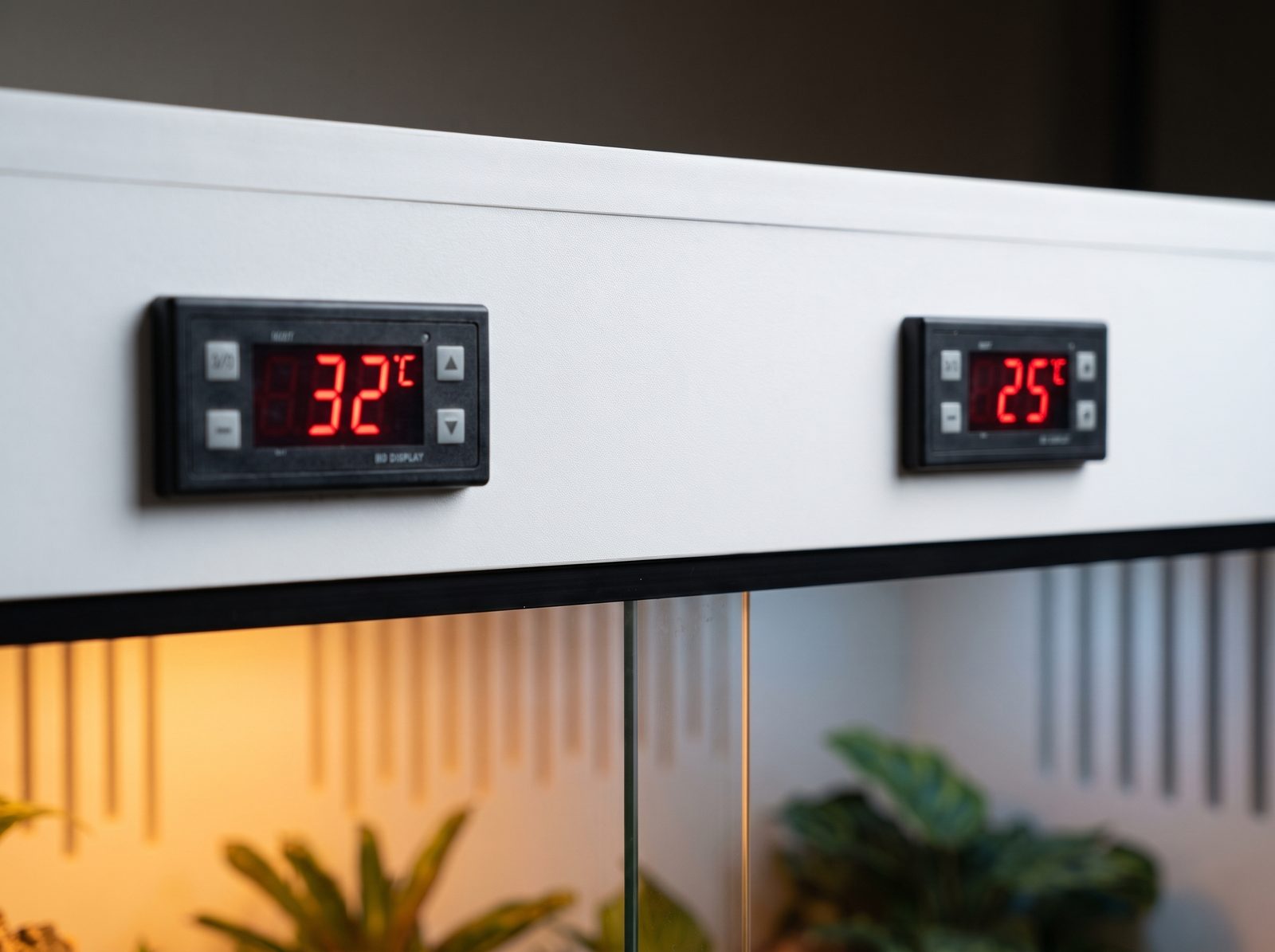 Les deux ecrans du thermostat en facade du terrarium, l'un affichant 32 degres, l'autre 25 degres