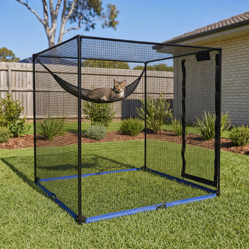 Calnido outdoor cat enclosure, 1.8 m cube on a lawn, a cat resting in the hammock