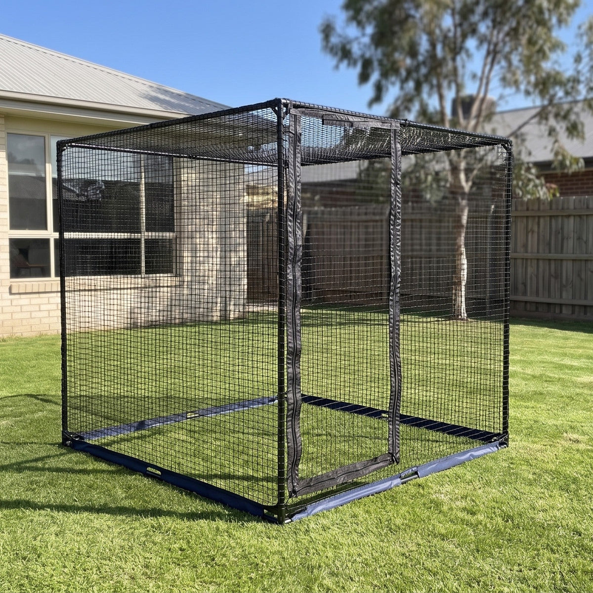 Calnido outdoor cat enclosure on a lawn, front view with the zip door closed