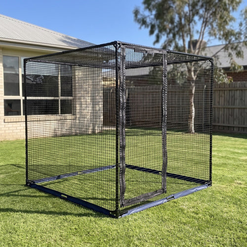 Calnido outdoor cat enclosure on a lawn, front view with the zip door closed