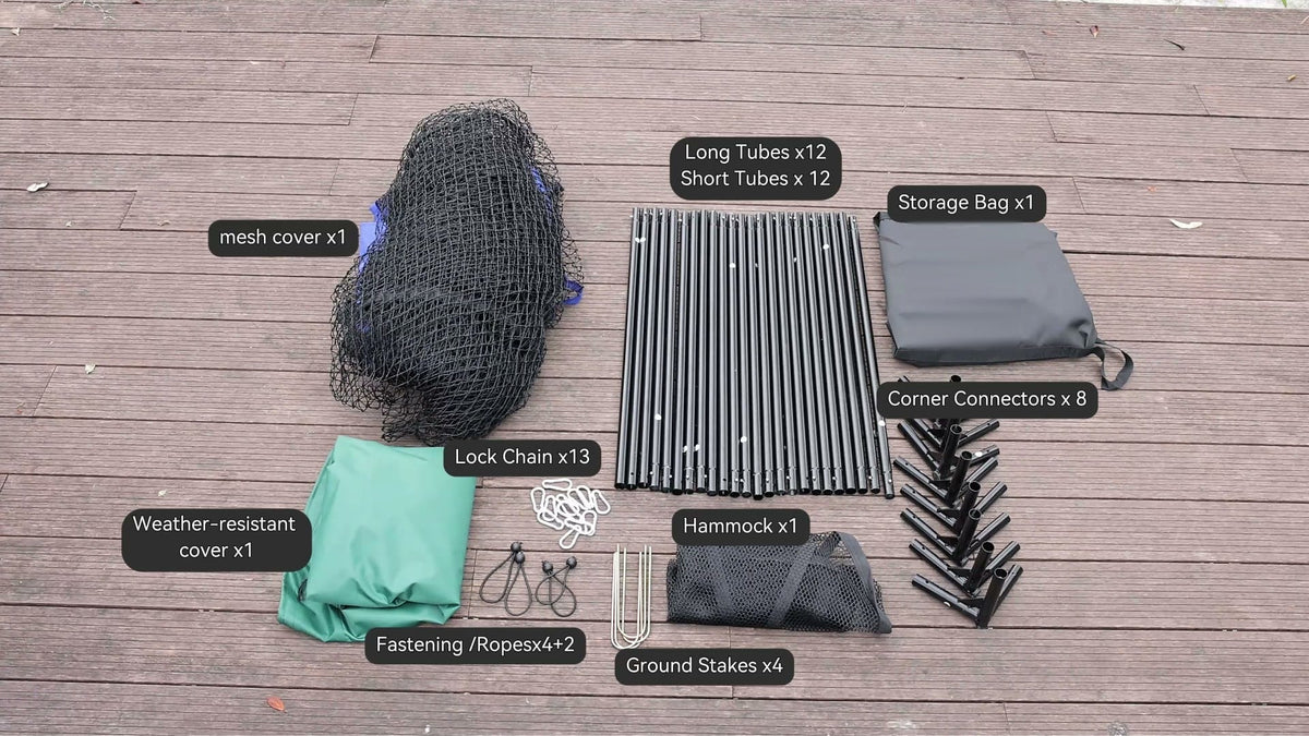 Everything in the Calnido cat enclosure box, laid out and counted