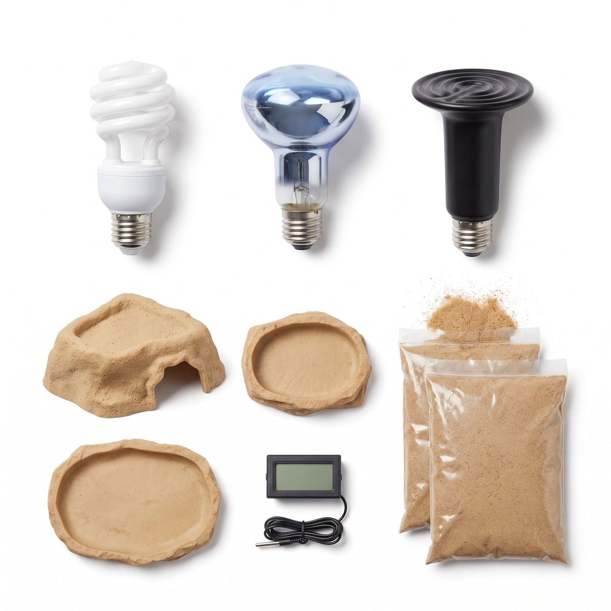 Kit complet gecko léopard : ampoules, cachette, gamelle, thermomètre, sable