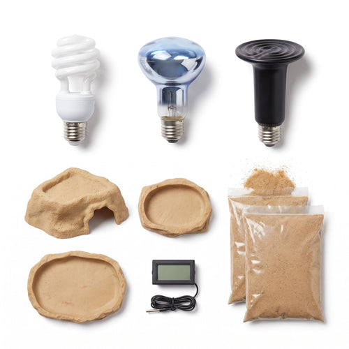 Kit complet gecko léopard : ampoules, cachette, gamelle, thermomètre, sable