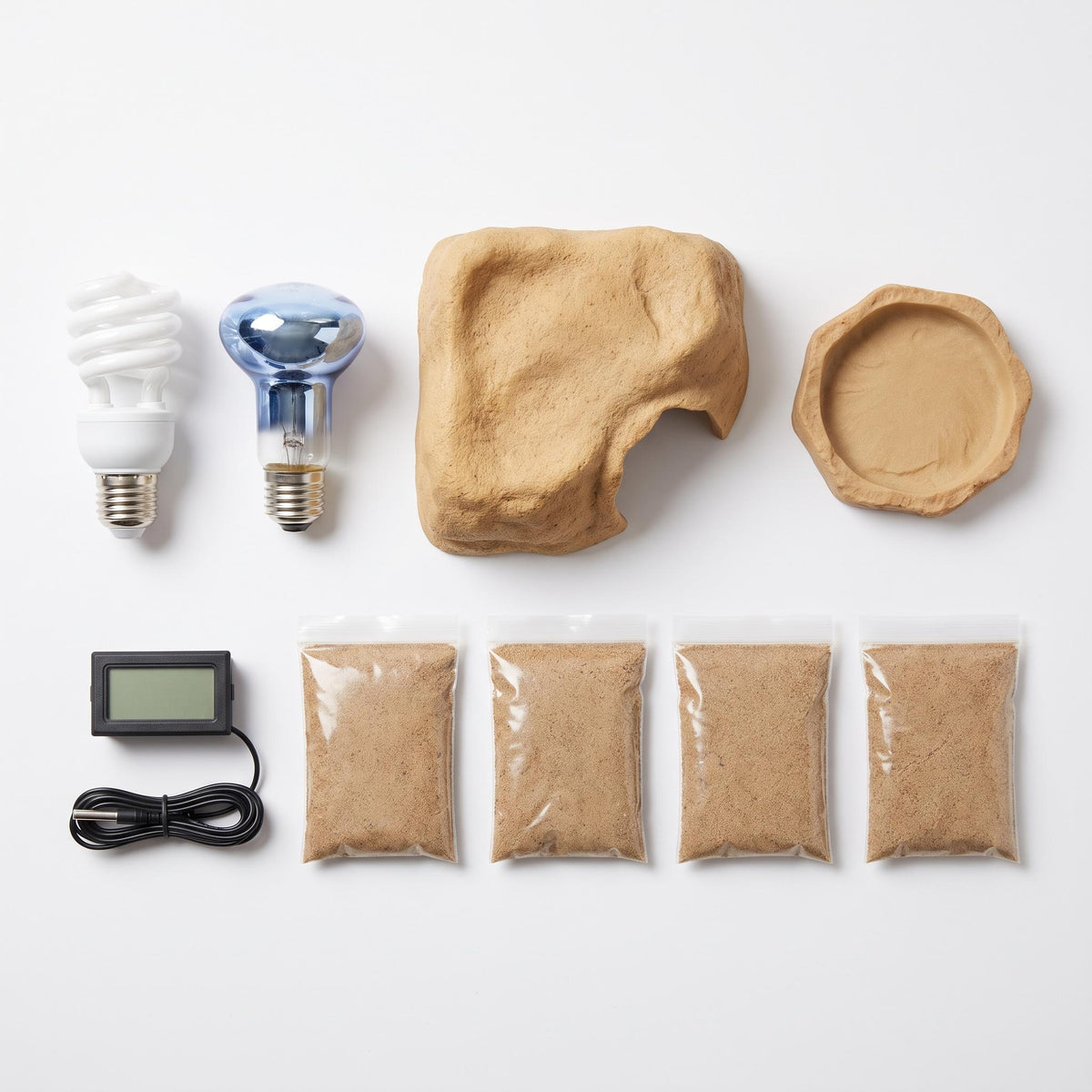 Kit complet pogona : ampoules, cachette, gamelle, thermomètre, sacs de sable