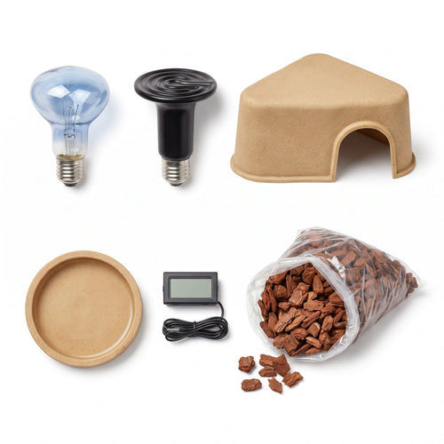 Kit complet serpent : ampoules, cachette, gamelle d'eau, thermomètre, écorce de pin