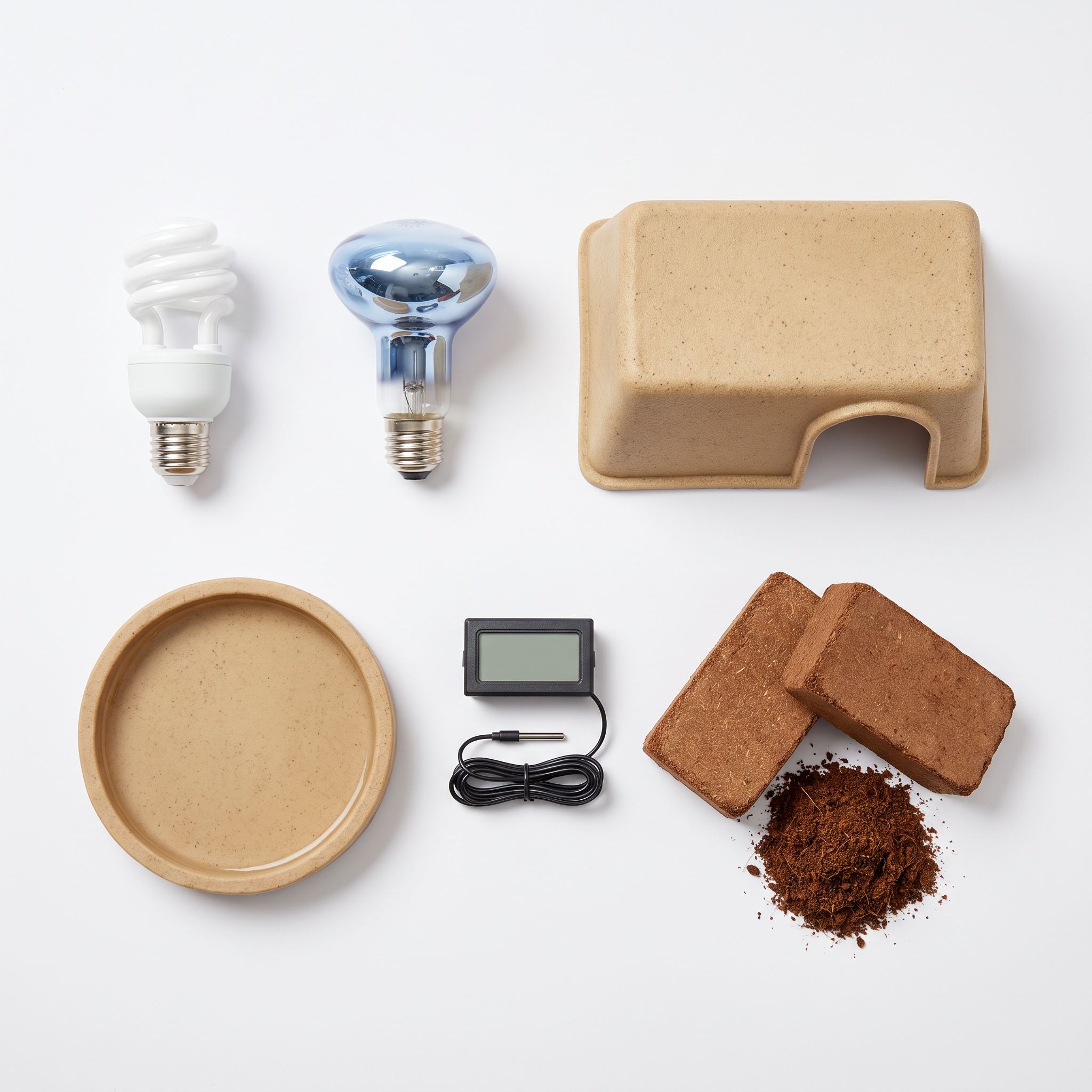 Kit complet tortue de terre : ampoules, cachette, gamelle, thermomètre, fibre de coco