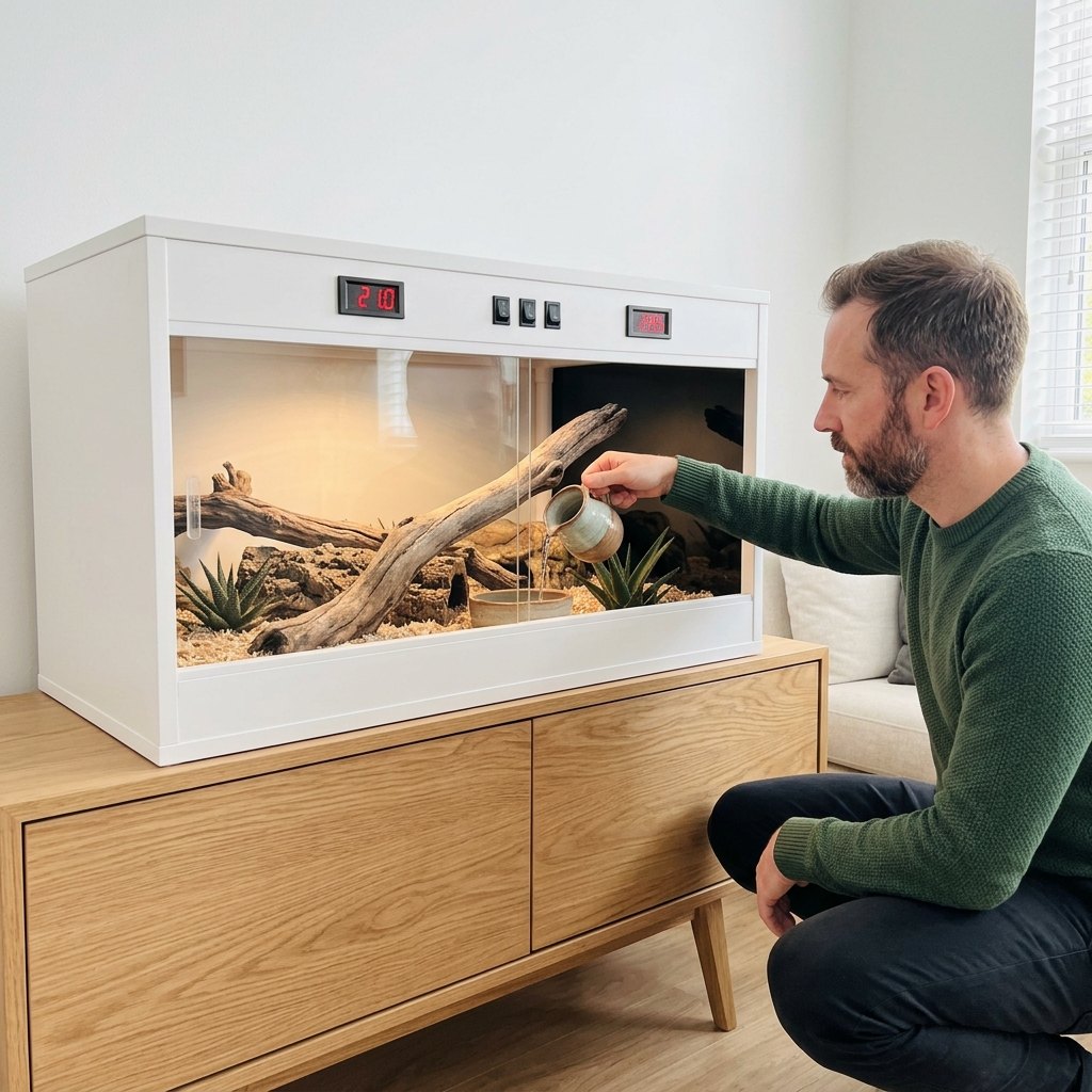 Propriétaire remplissant la gamelle du terrarium 100 cm