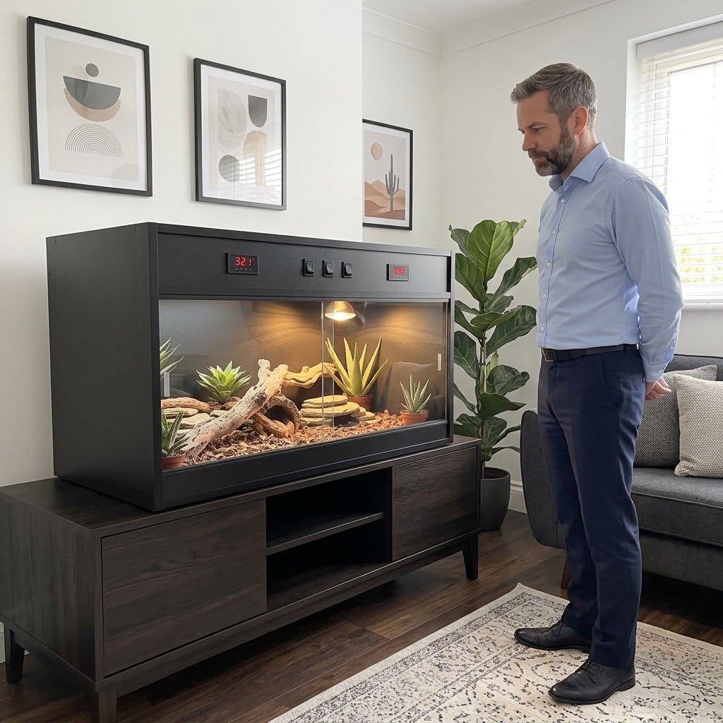Terrarium noir 100 cm dans un salon avec son propriétaire