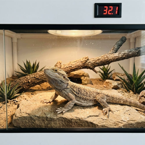 Pogona adulte sous le spot dans le terrarium 120 cm