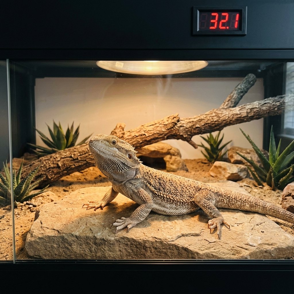Pogona adulte sous le spot dans le terrarium noir 120 cm