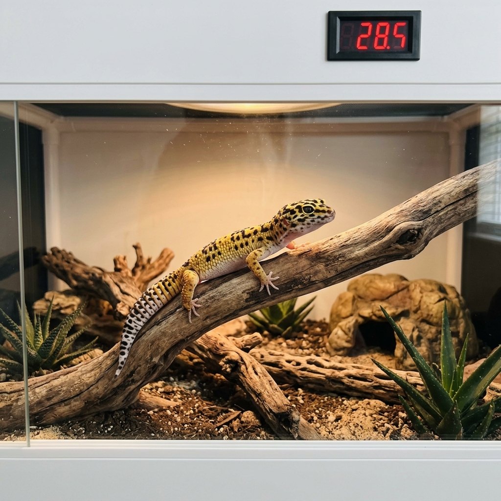 Gecko léopard sur sa branche dans le terrarium 80 cm