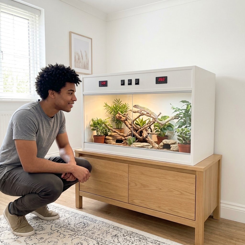 Jeune propriétaire devant son terrarium 80 cm aménagé