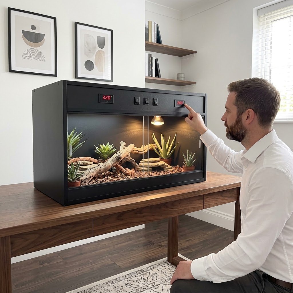 Terrarium noir 80 cm sur un bureau avec son propriétaire
