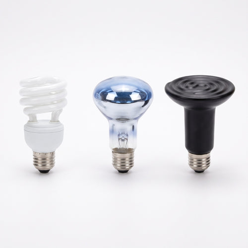 Trois ampoules E27 pour terrarium : UVB spirale, spot neodyme et emetteur ceramique