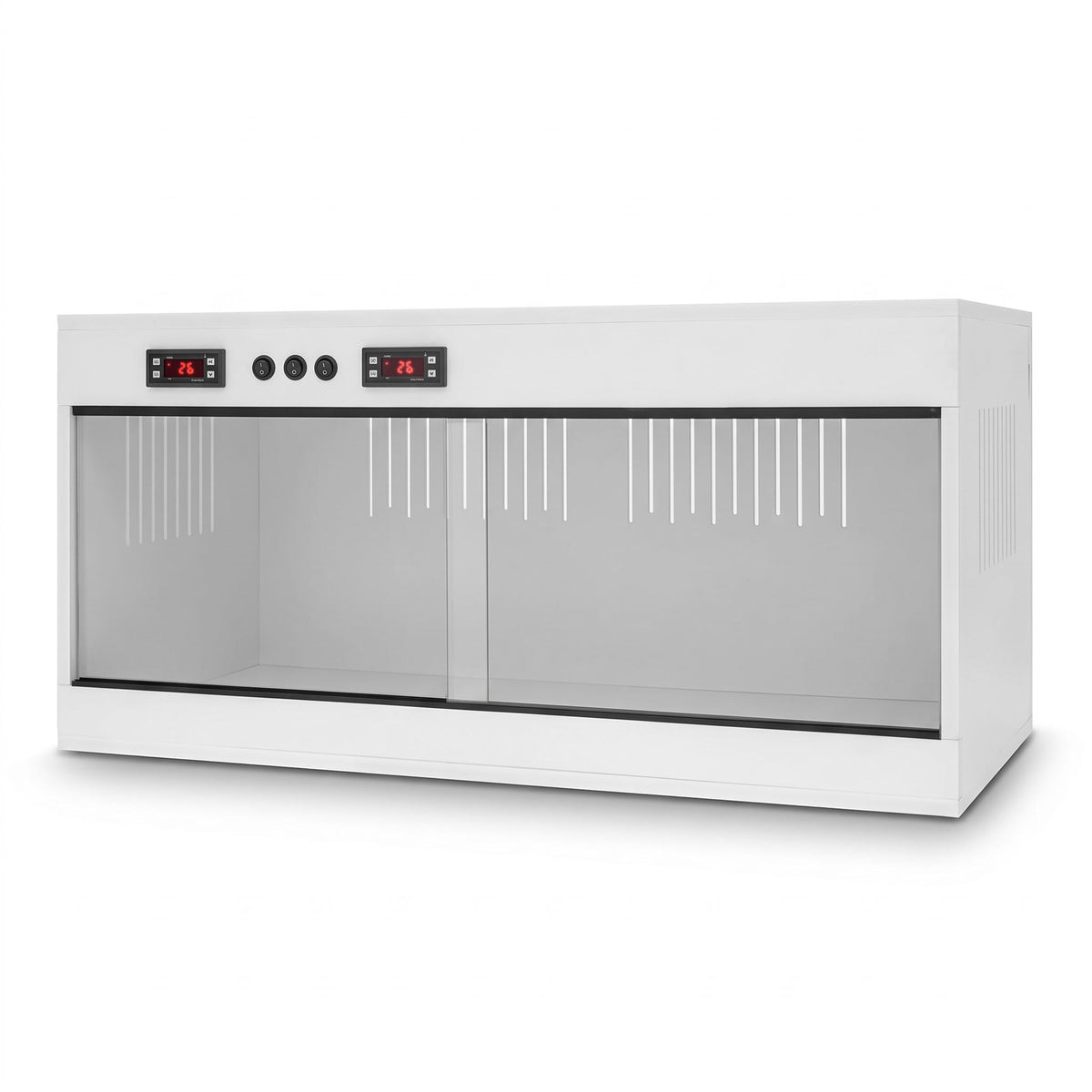 Terrarium PVC blanc 100x40x40 cm de face, double thermostat en façade, fond blanc