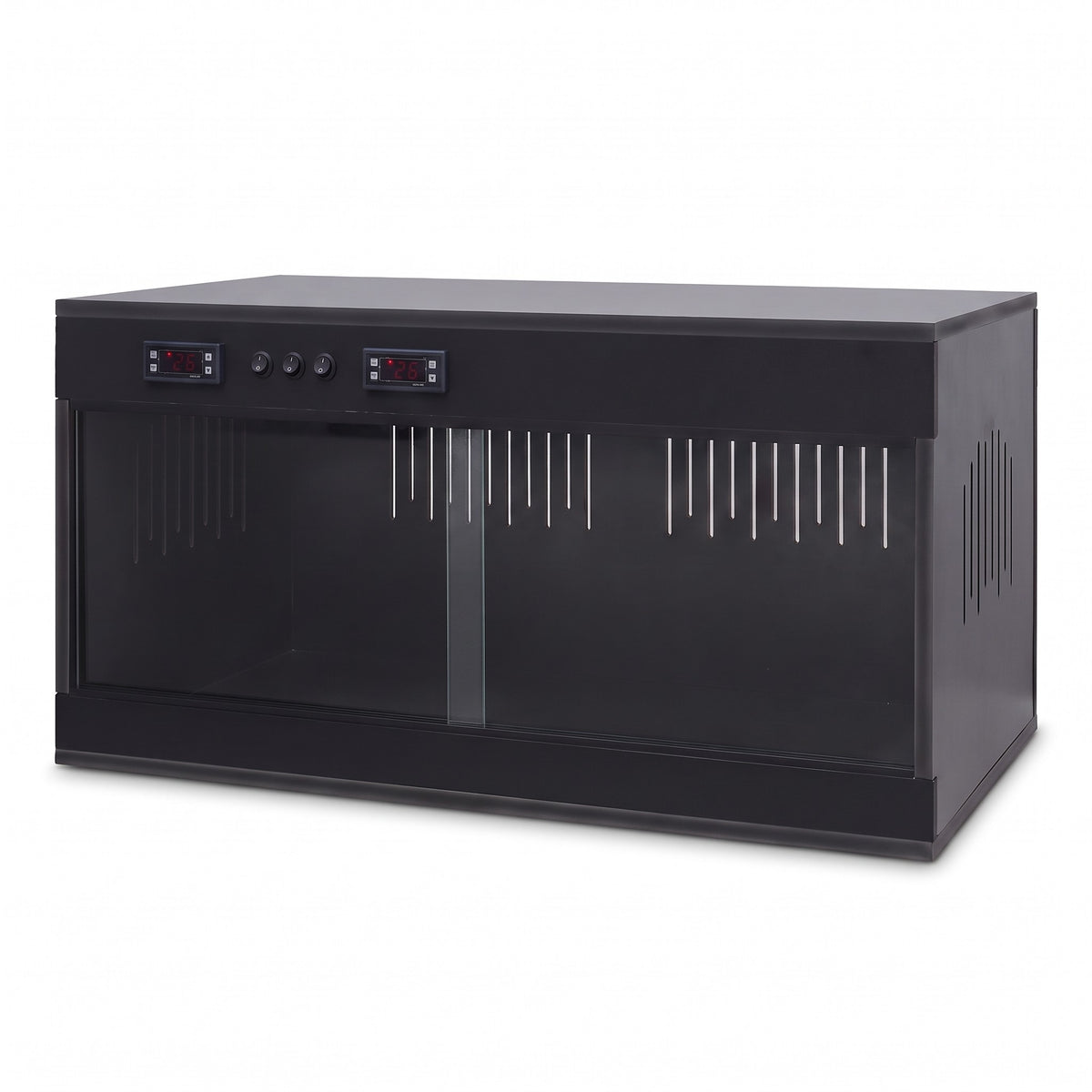 Terrarium PVC noir 100x40x40 cm de face, double thermostat en façade, fond blanc