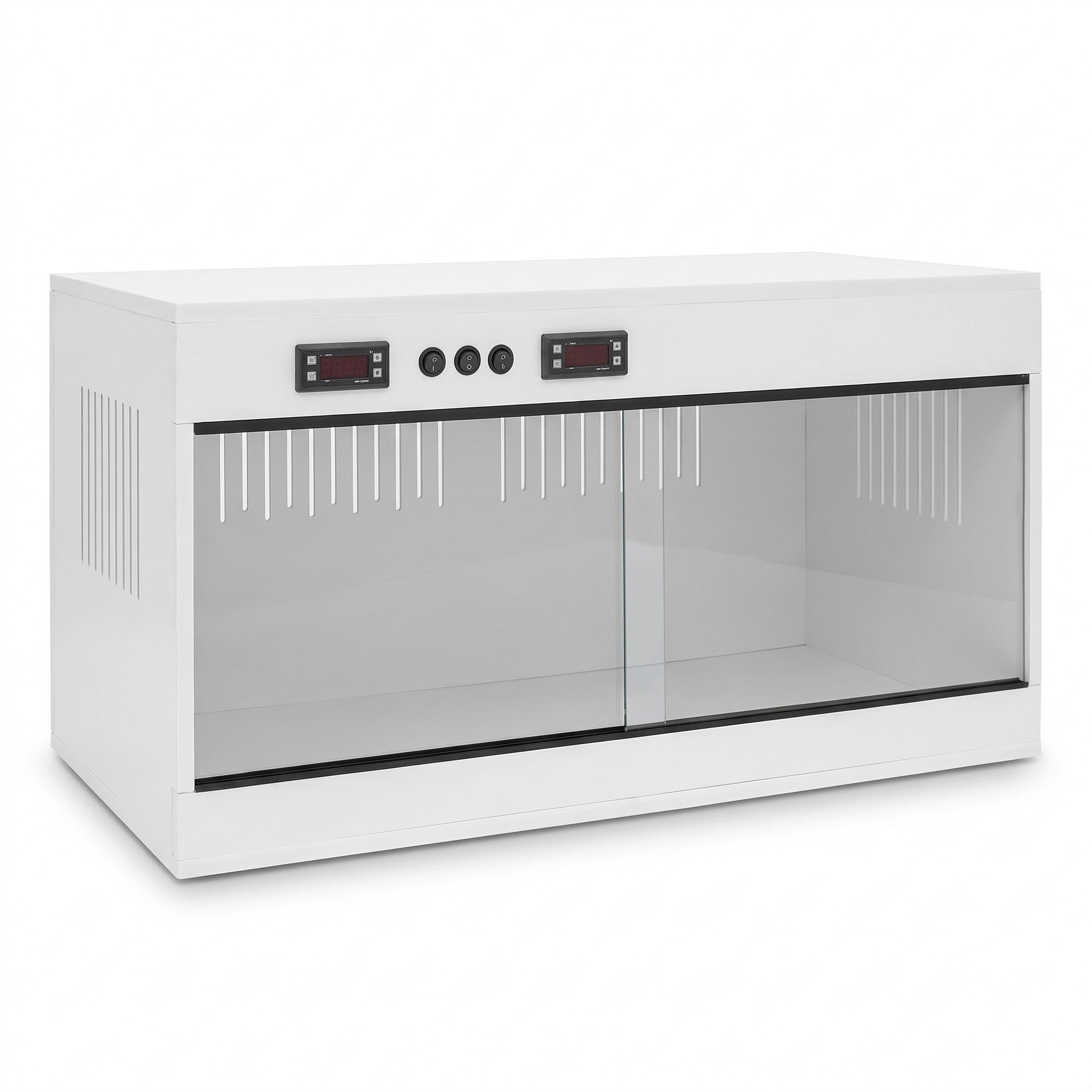 Terrarium PVC blanc 120x60x60 cm de face, double thermostat en façade, fond blanc