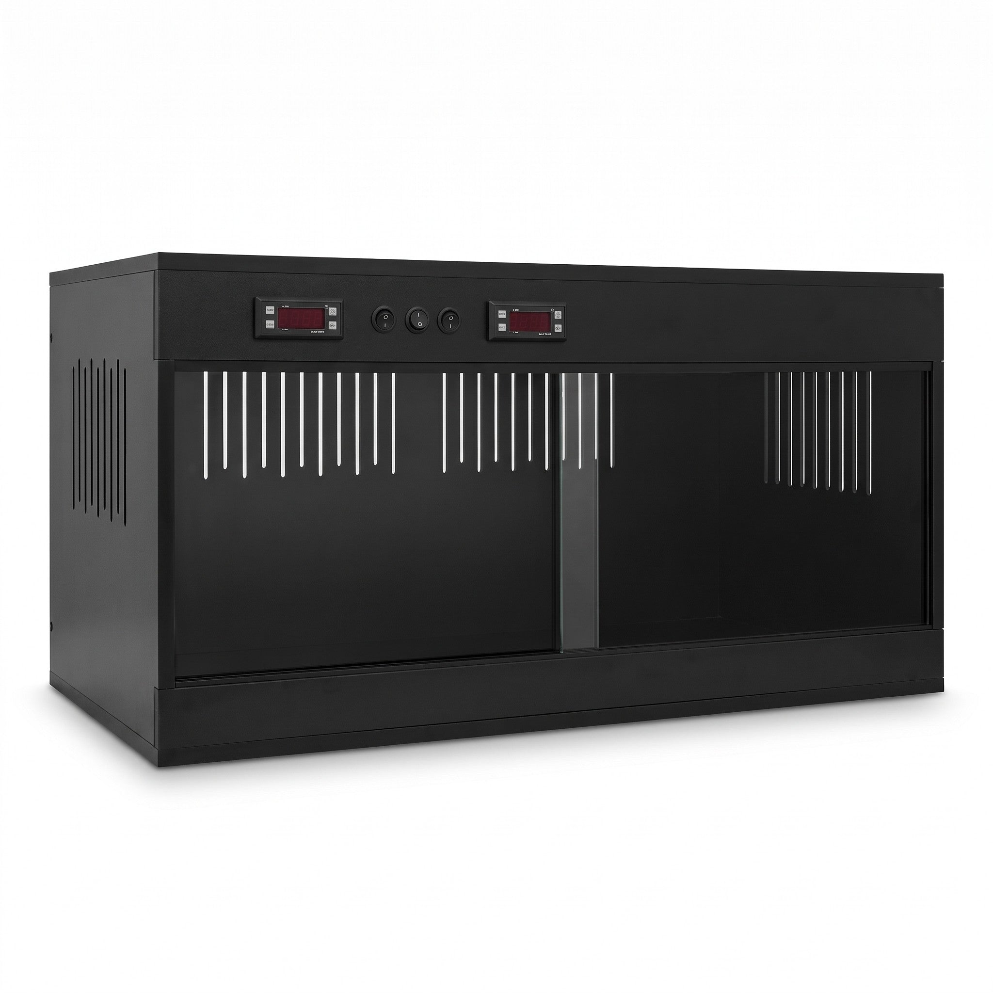 Terrarium PVC noir 120x60x60 cm de face, double thermostat en façade, fond blanc