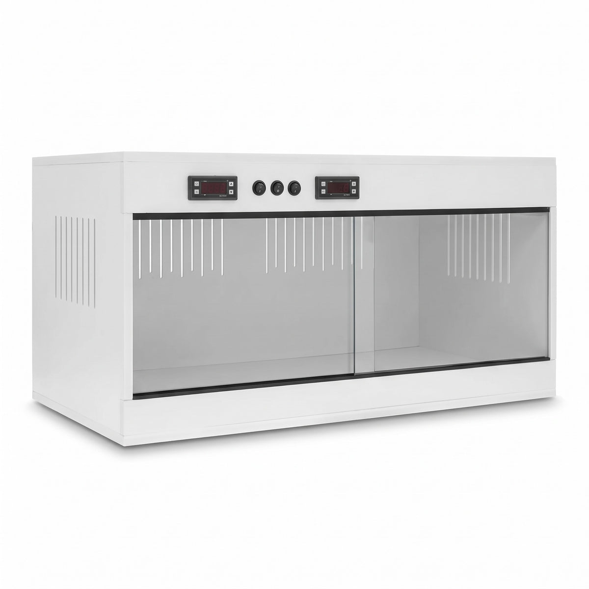 Terrarium PVC blanc 80x40x40 cm de face, double thermostat en façade, fond blanc