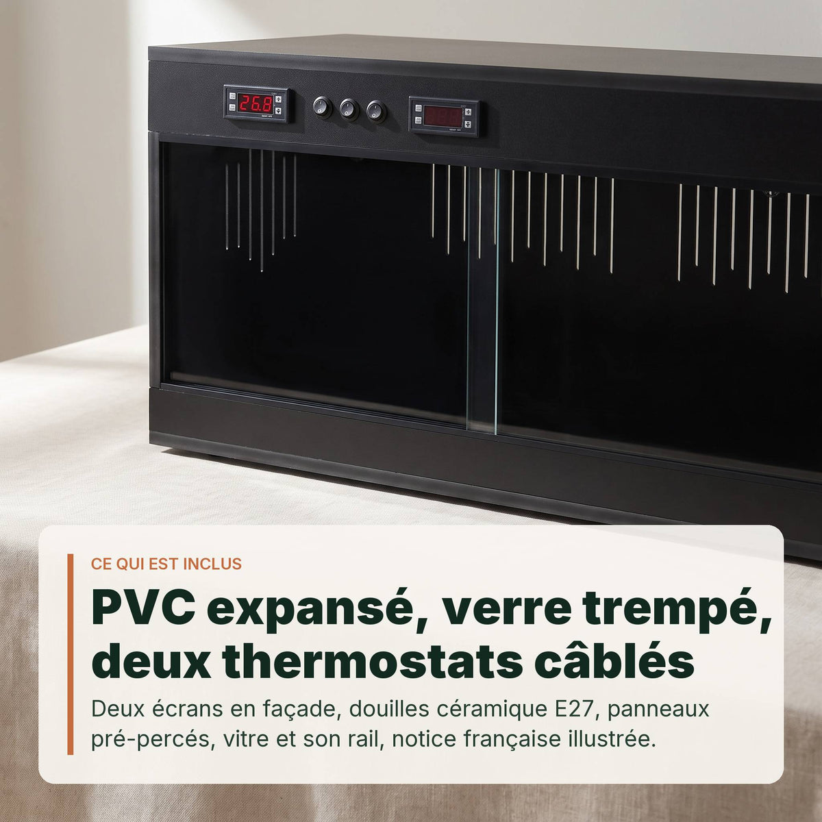 Détail du caisson PVC noir 80x40x40 cm, écrans et boutons du double thermostat