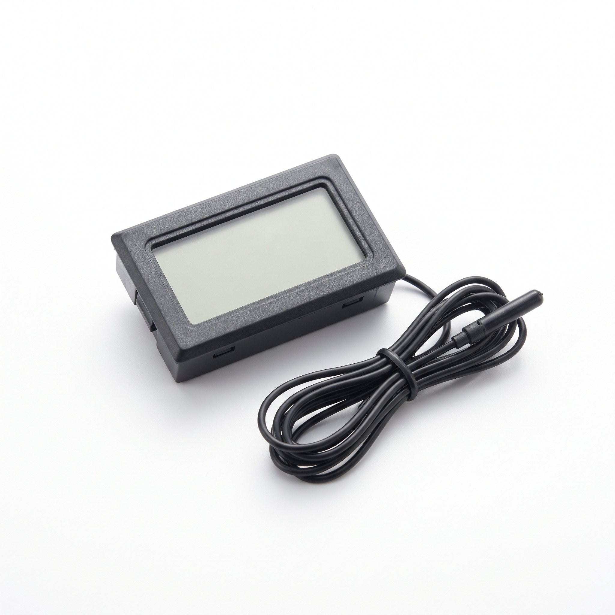 Thermometre hygrometre numerique a ecran LCD avec sonde filaire enroulee, fond blanc