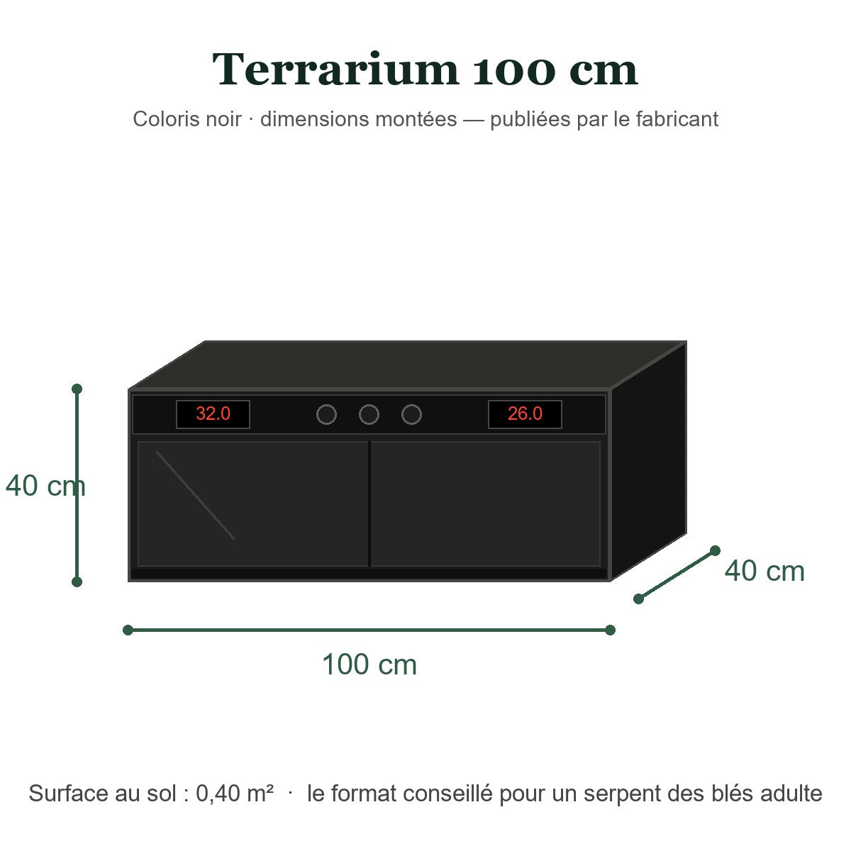 Dimensions du terrarium 100 x 40 x 40 cm coloris noir
