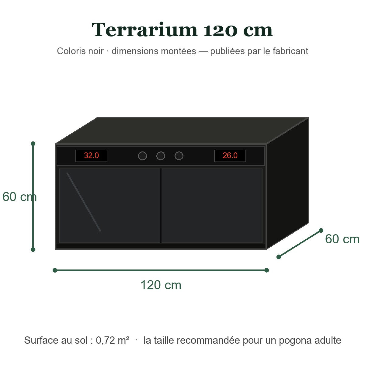 Dimensions du terrarium 120 x 60 x 60 cm coloris noir